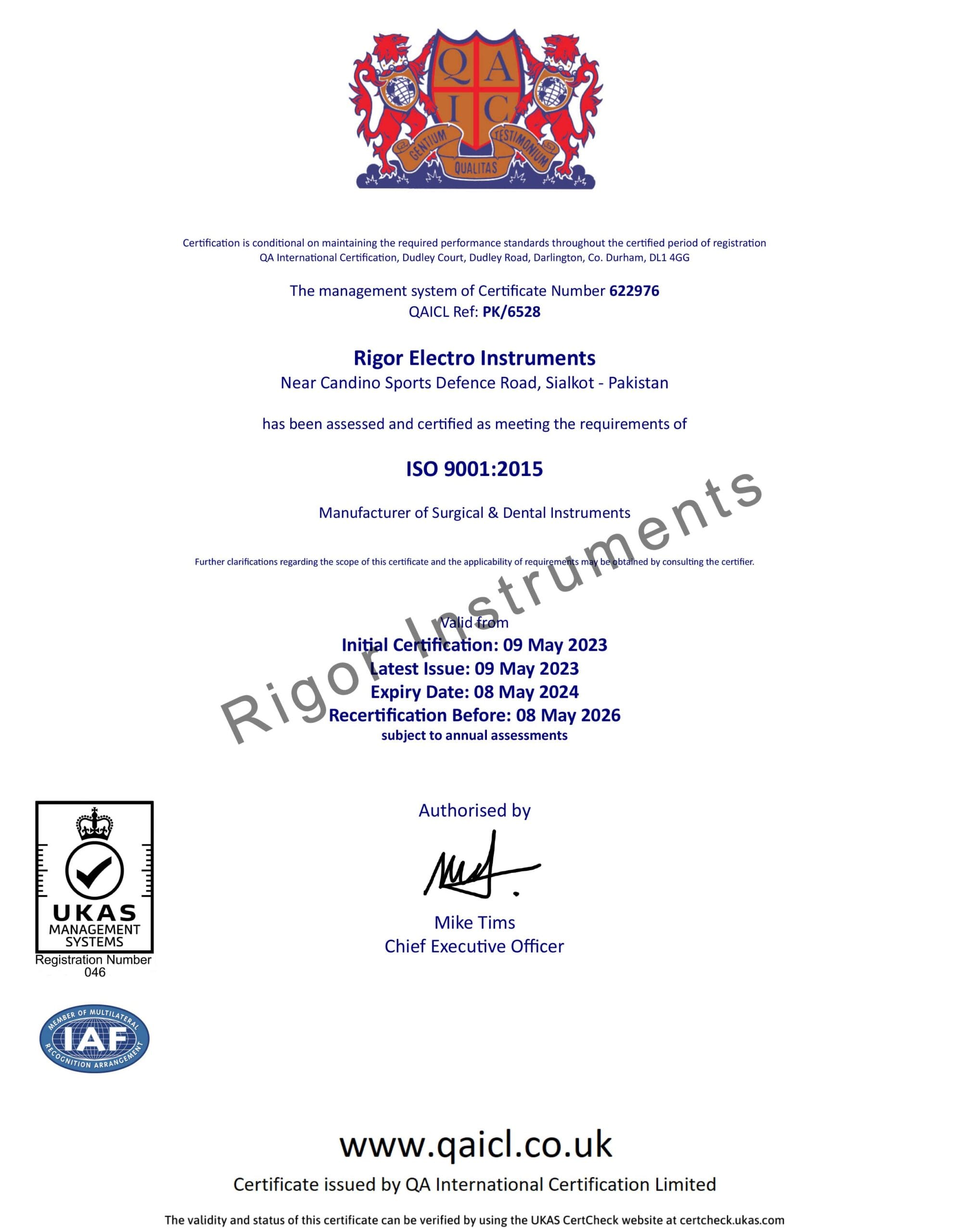 ISO 9001 Quality Management System Certificate — Rigor Instruments Pakistan