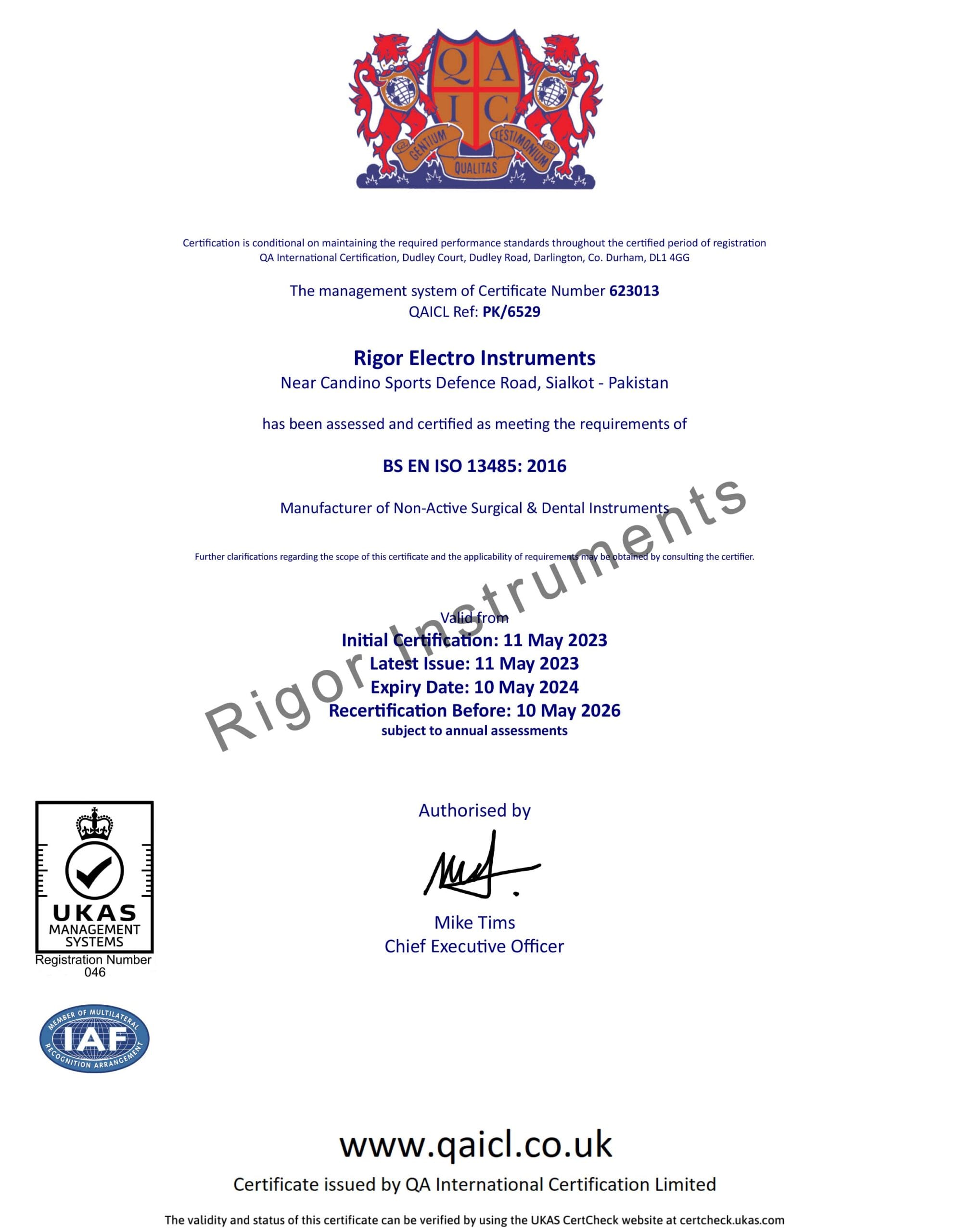 ISO 13485 Medical Devices Quality Certificate — Rigor Instruments Pakistan